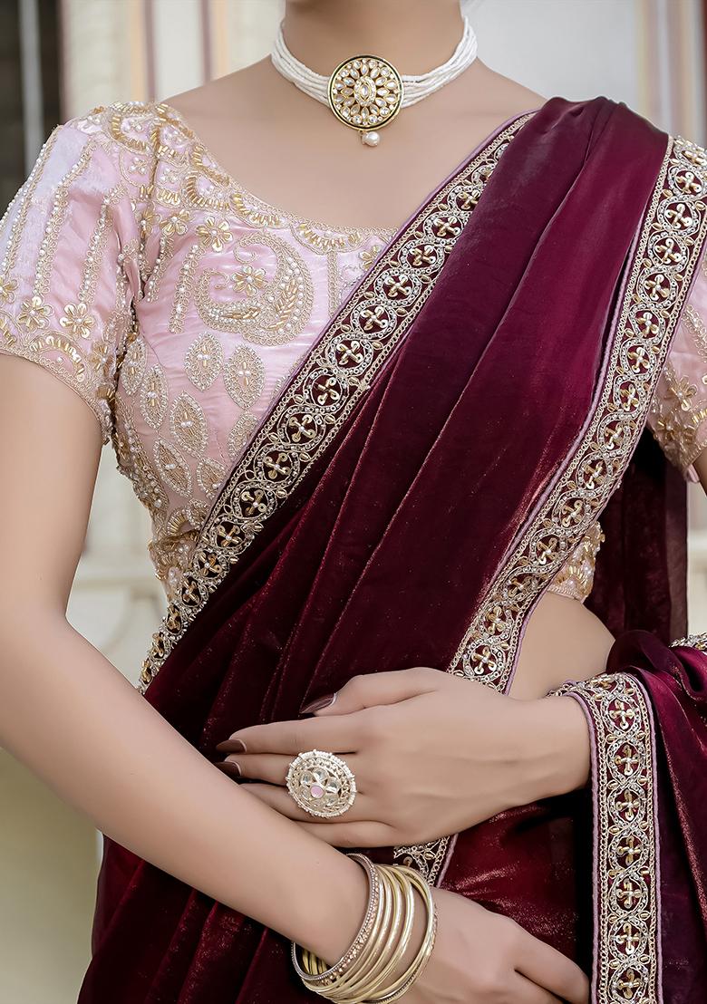 Maroon Embroidered Satin Saree Set - Indya