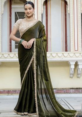 Olive Embroidered Satin Saree Set