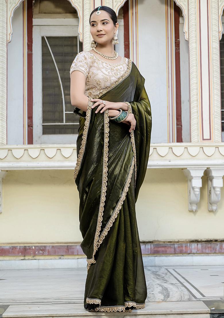 Olive Embroidered Satin Saree Set - Indya