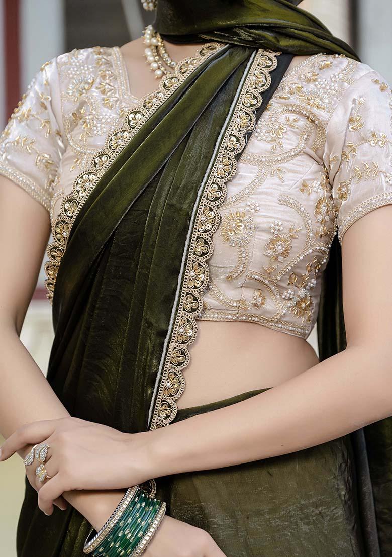 Olive Embroidered Satin Saree Set - Indya