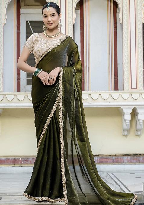 Olive Embroidered Satin Saree Set