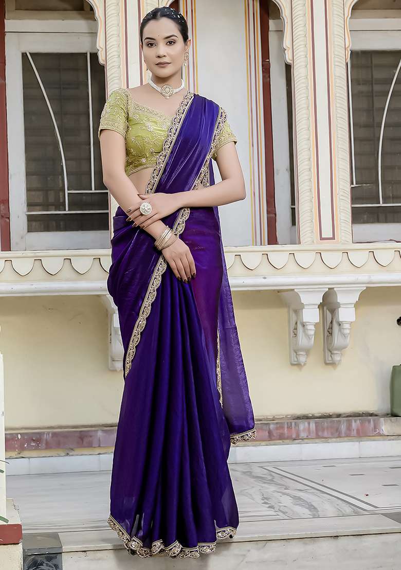 Purple Embroidered Satin Saree Set - Indya