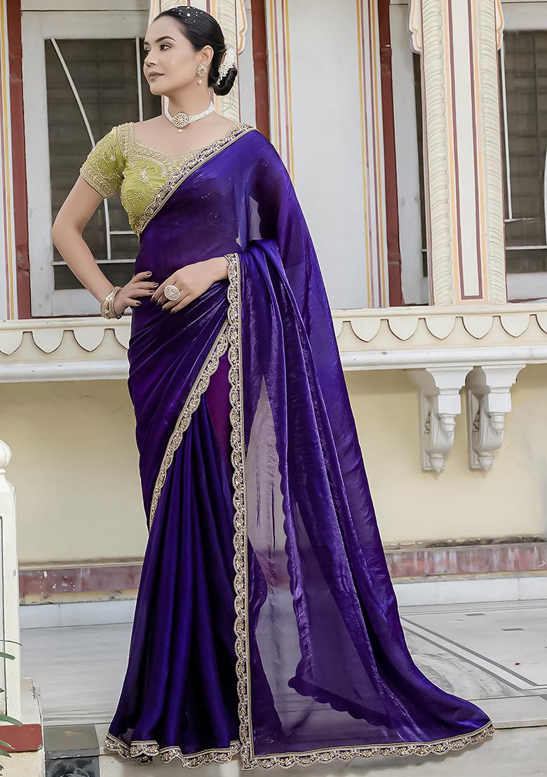 Purple Embroidered Satin Saree Set - Indya