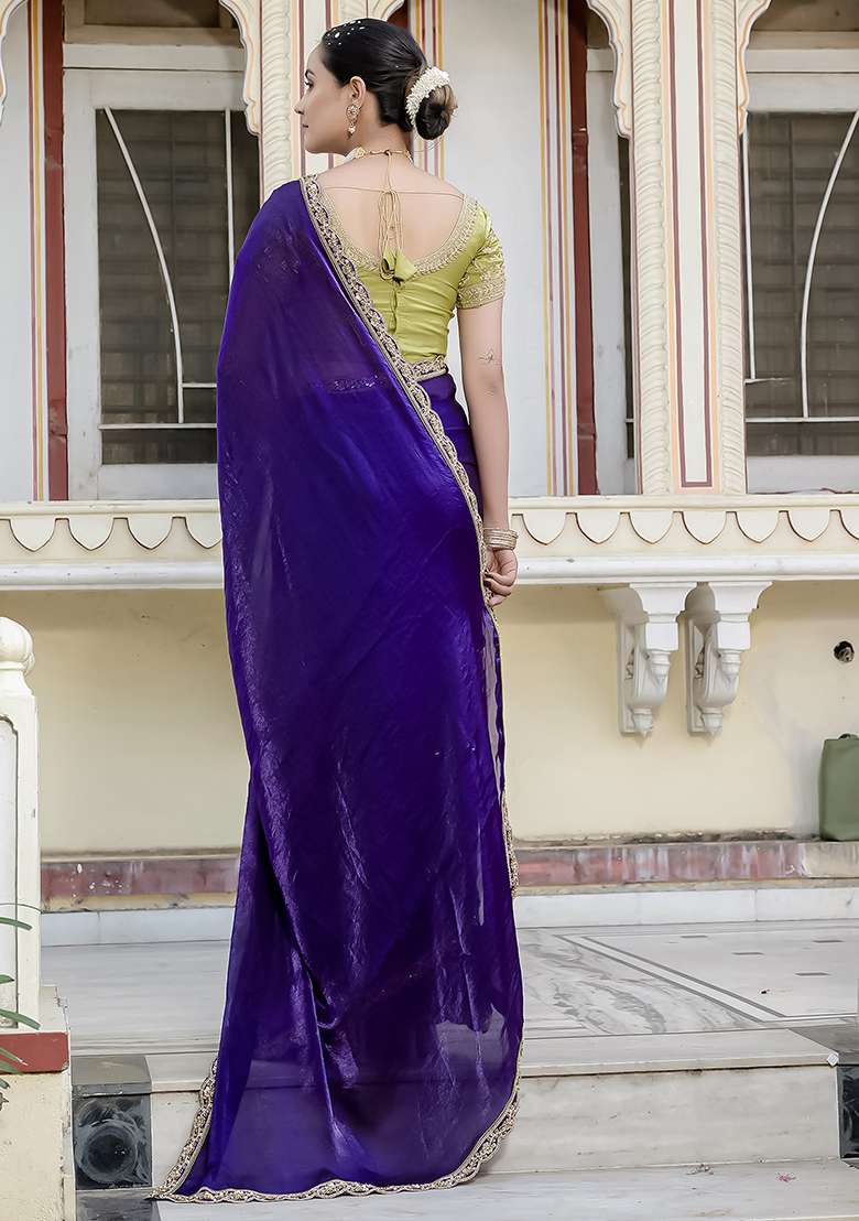 Purple Embroidered Satin Saree Set - Indya
