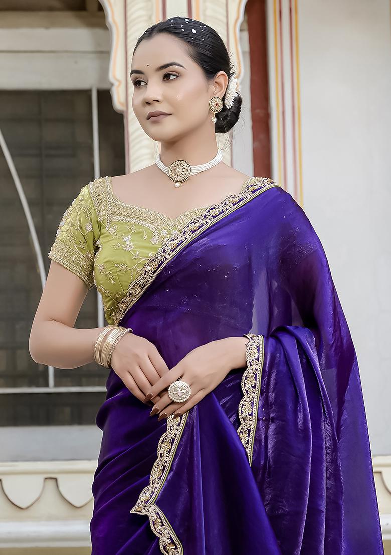 Purple Embroidered Satin Saree Set - Indya