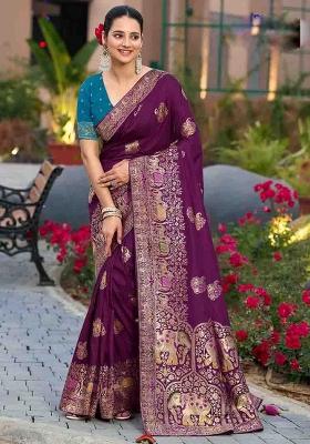 Purple Embroidered Silk Saree Set