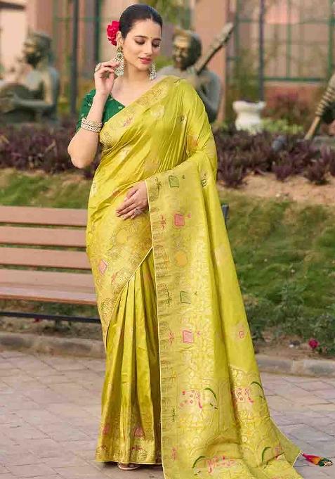Green Embroidered Silk Saree Set — view on Indya