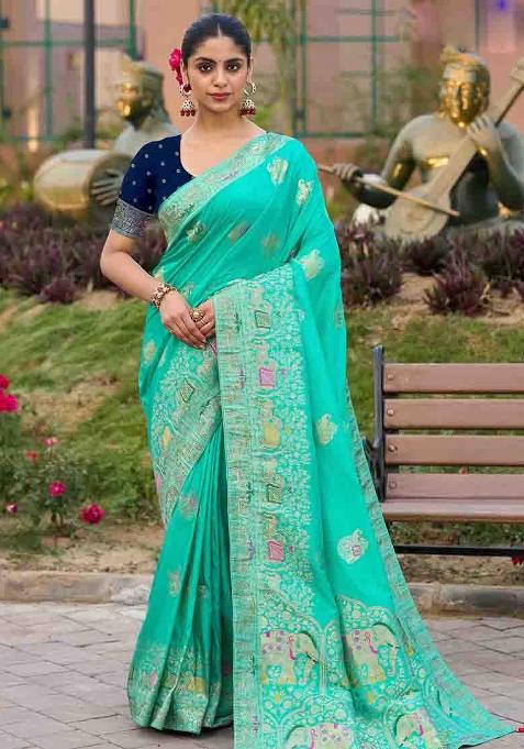 Blue Embroidered Silk Saree Set — view on Indya