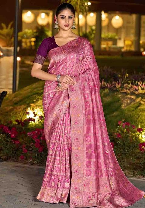 Pink Embroidered Silk Saree Set — view on Indya