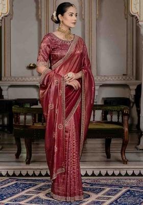 Maroon Embroidered Silk Saree Set