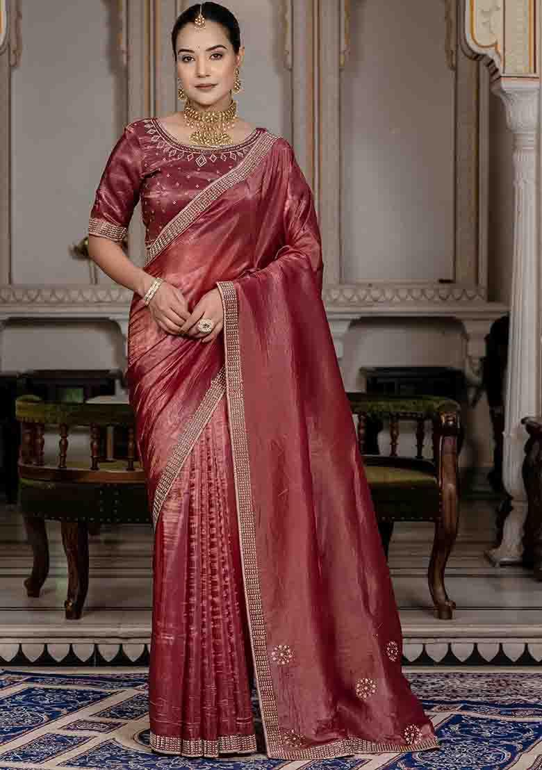 Maroon Embroidered Silk Saree Set - Indya