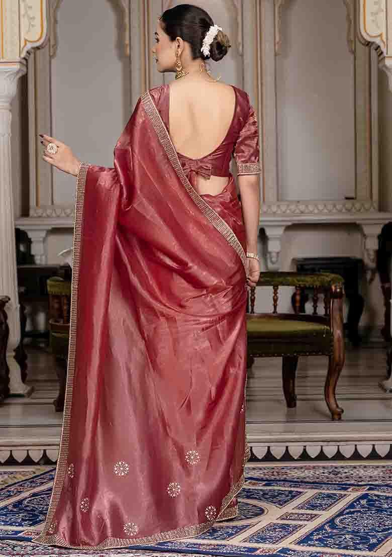 Maroon Embroidered Silk Saree Set