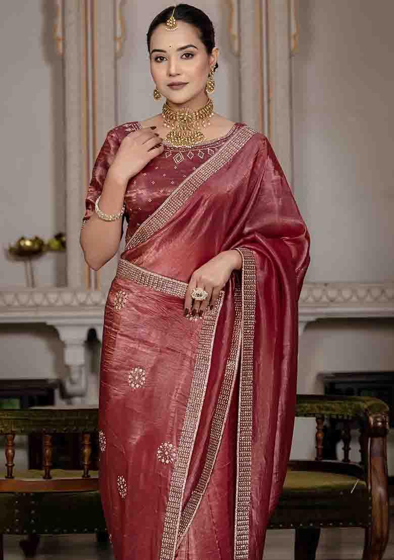 Maroon Embroidered Silk Saree Set - Indya