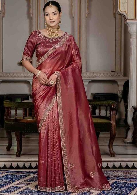 Maroon Embroidered Silk Saree Set