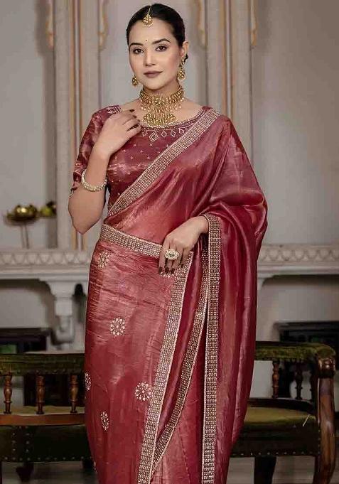 Maroon Embroidered Silk Saree Set