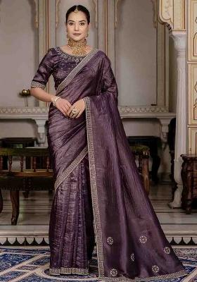 Purple Embroidered Silk Saree Set