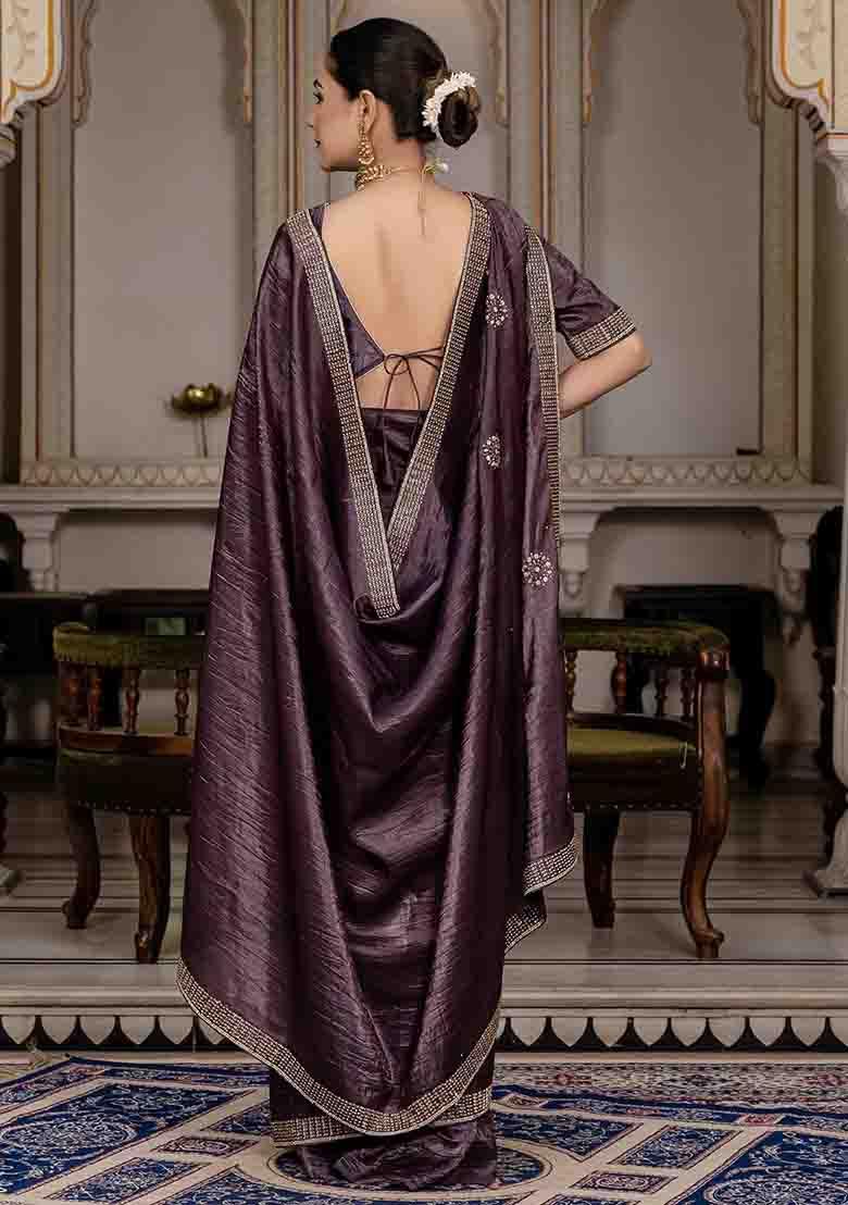 Purple Embroidered Silk Saree Set - Indya