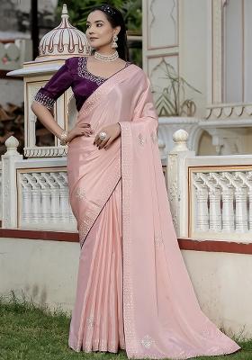 Peach Embroidered Chinnon Saree Set
