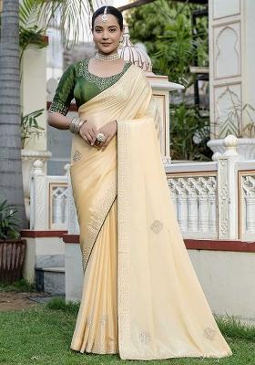 Yellow Embroidered Chinnon Saree Set