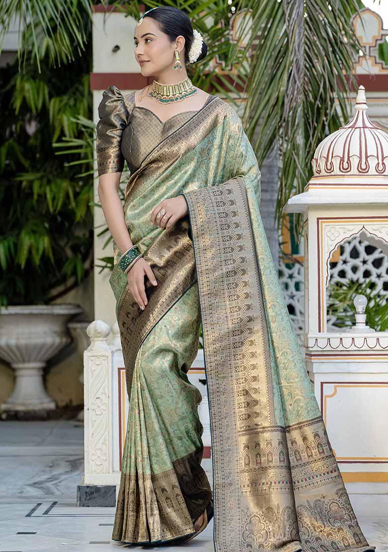 Green Embroidered Silk Saree Set - Indya