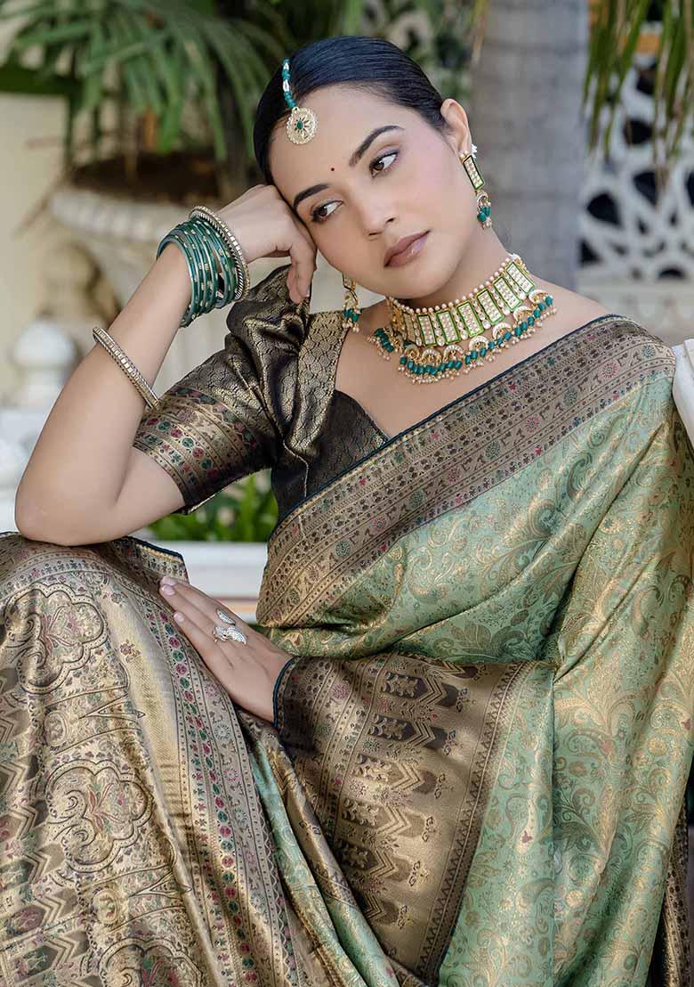 Green Embroidered Silk Saree Set - Indya