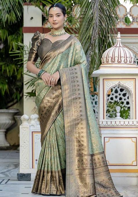 Green Embroidered Silk Saree Set