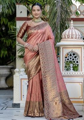 Peach Embroidered Silk Saree Set