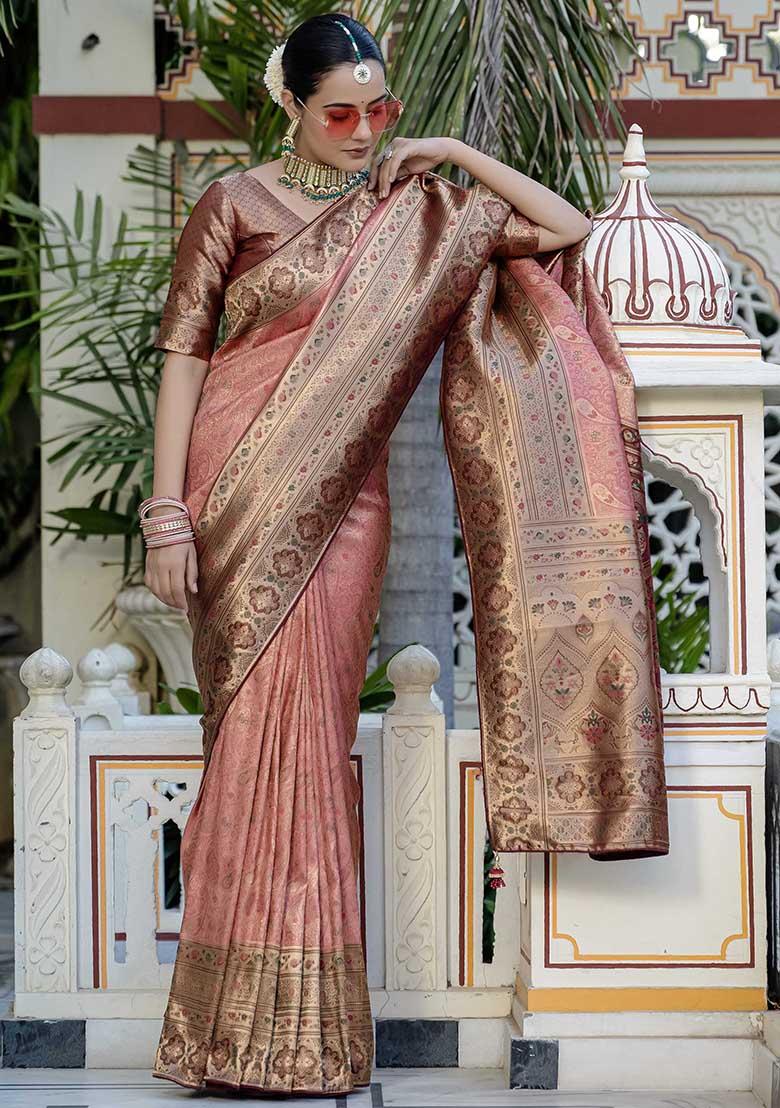 Peach Embroidered Silk Saree Set - Indya