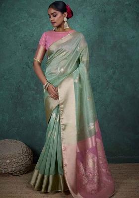 Green Embroidered Linen Saree Set