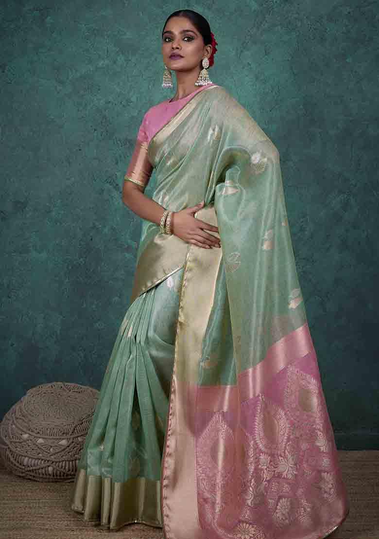 Green Embroidered Linen Saree Set - Indya