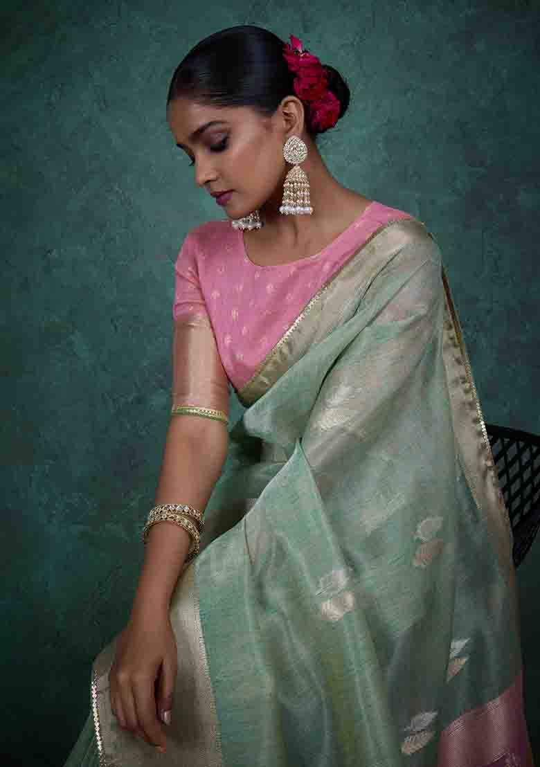 Green Embroidered Linen Saree Set - Indya