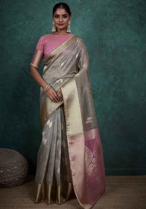 Grey Embroidered Linen Saree Set — view on Indya