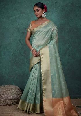 Blue Embroidered Linen Saree Set