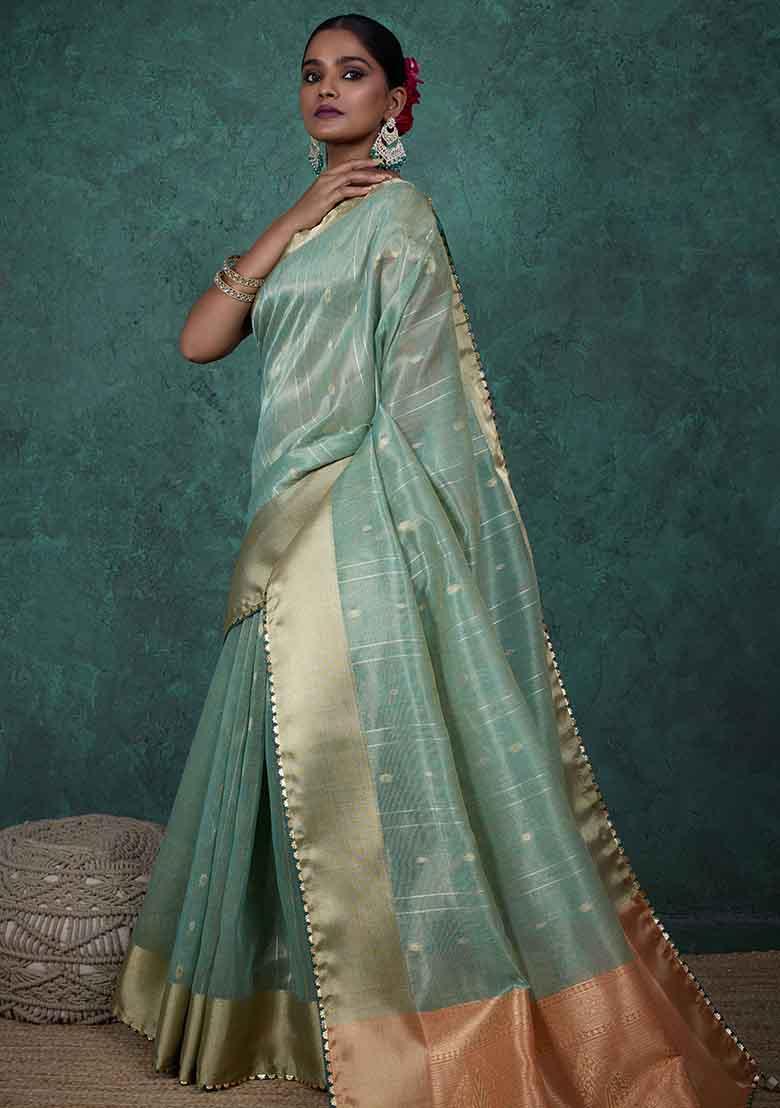 Blue Embroidered Linen Saree Set - Indya