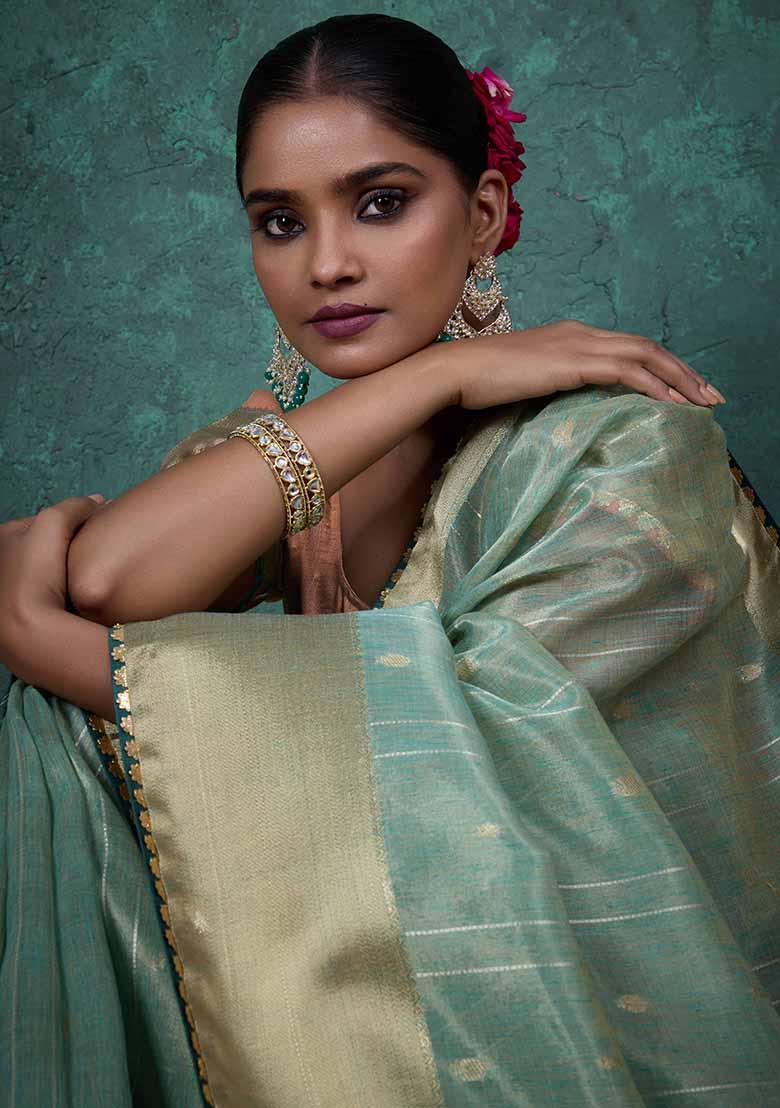 Blue Embroidered Linen Saree Set - Indya