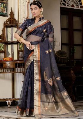Blue Embroidered Linen Saree Set
