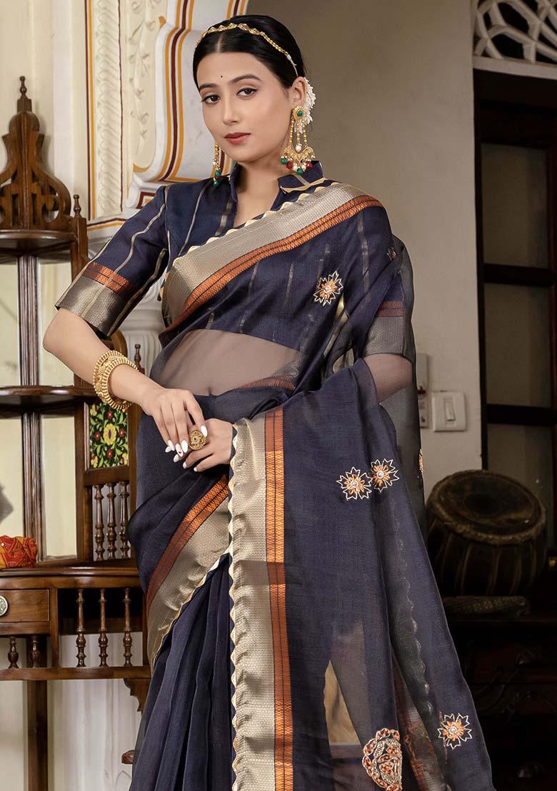 Blue Embroidered Linen Saree Set - Indya