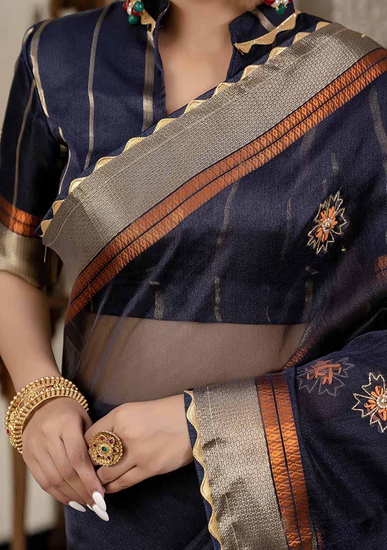 Blue Embroidered Linen Saree Set - Indya