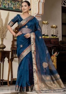 Blue Embroidered Linen Saree Set