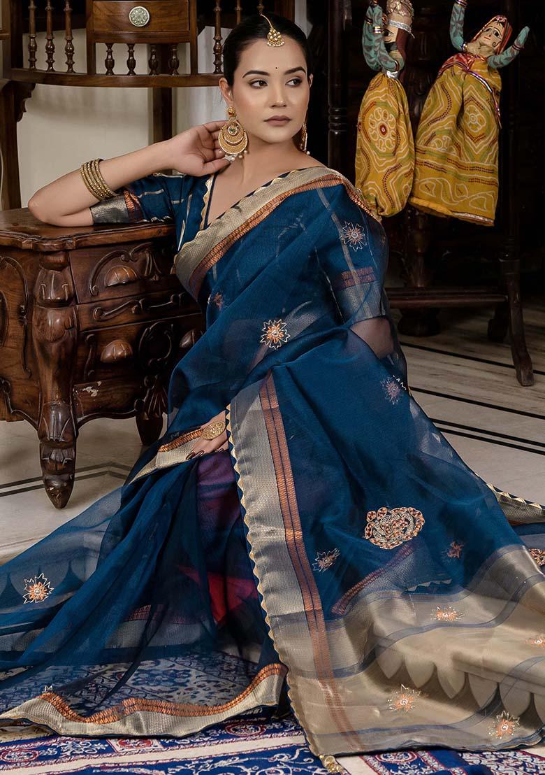 Blue Embroidered Linen Saree Set - Indya