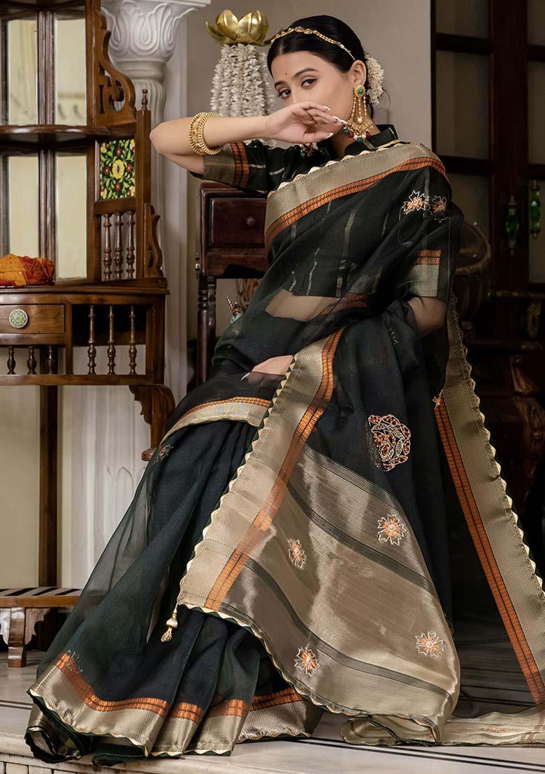 Black Embroidered Linen Saree Set - Indya