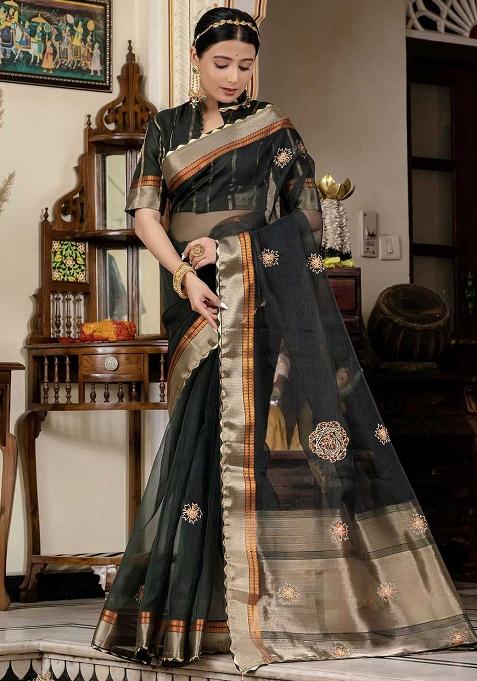 Black Embroidered Linen Saree Set