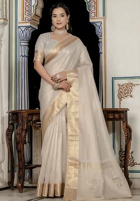White Embroidered Tissue Saree Set