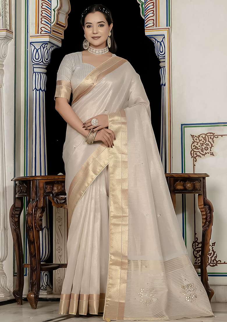White Embroidered Tissue Saree Set - Indya