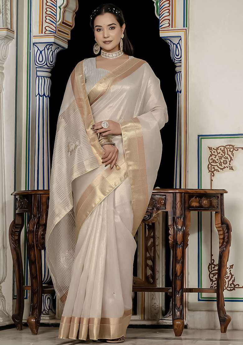 White Embroidered Tissue Saree Set - Indya