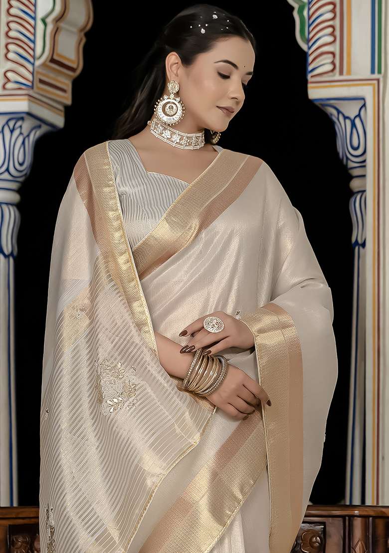 White Embroidered Tissue Saree Set - Indya