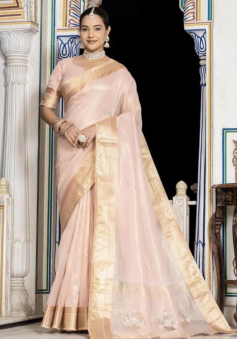 Pink Embroidered Tissue Saree Set — view on Indya