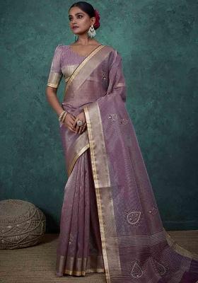 Purple Embroidered Tissue Saree Set