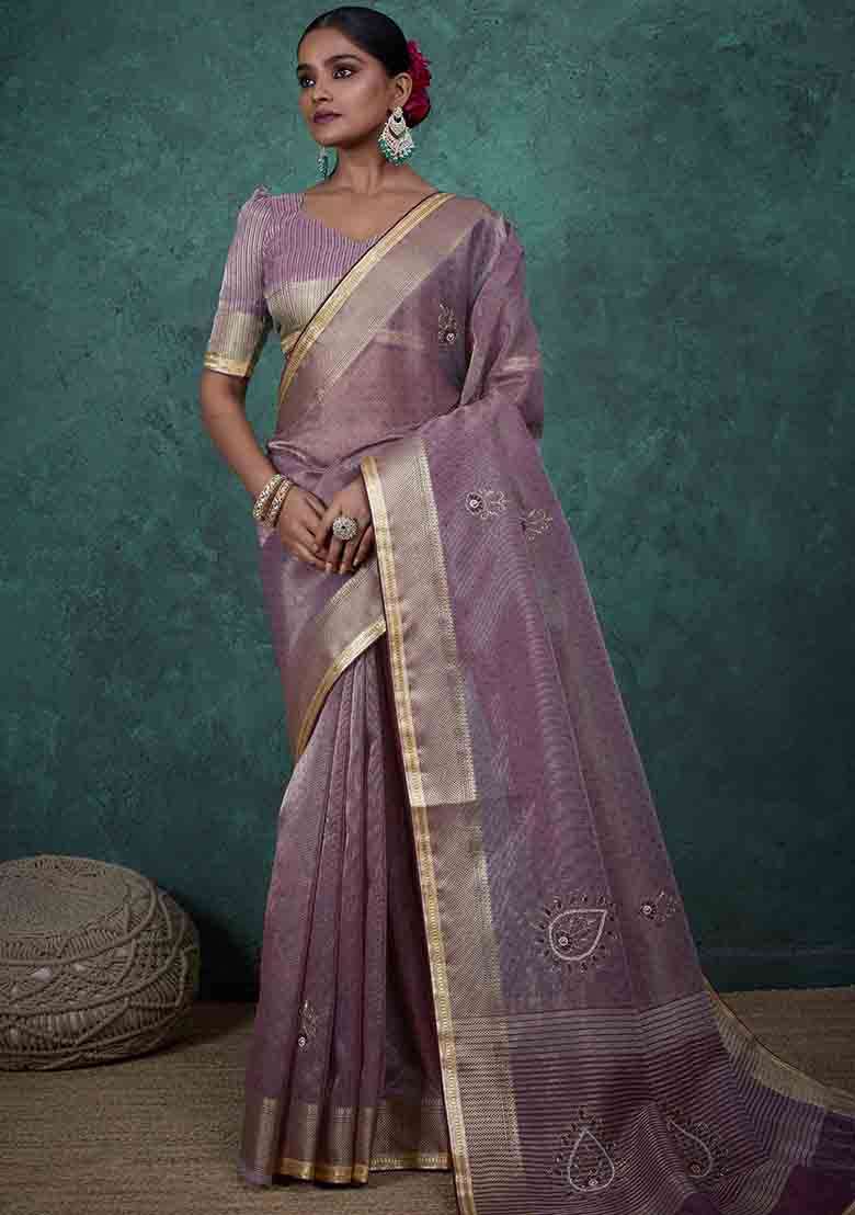 Purple Embroidered Tissue Saree Set - Indya