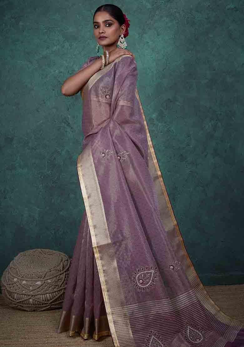 Purple Embroidered Tissue Saree Set - Indya